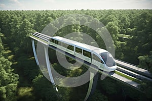 futuristic, modern Maglev train passing on mono rail. Ecological future concept. Aerial nature view. 3d rendering