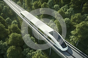 futuristic, modern Maglev train passing on mono rail. Ecological future concept. Aerial nature view. 3d rendering