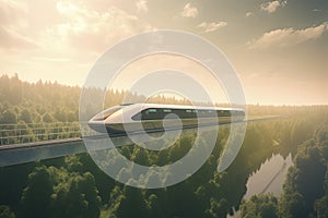 futuristic, modern Maglev train passing on mono rail. Ecological future concept. Aerial nature view. 3d rendering