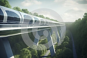 futuristic, modern Maglev train passing on mono rail. Ecological future concept. Aerial nature view. 3d rendering