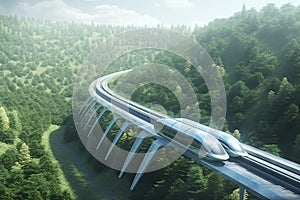 futuristic, modern Maglev train passing on mono rail. Ecological future concept. Aerial nature view. 3d rendering