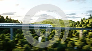 Futuristic, modern Maglev train passing on mono rail. Ecological future concept. Aerial nature view. 3d rendering.