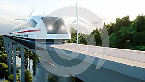 Futuristic, modern Maglev train passing on mono rail. Ecological future concept. Aerial nature view. 3d rendering.