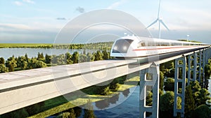 Futuristic, modern Maglev train passing on mono rail. Ecological future concept. Aerial nature view. 3d rendering.