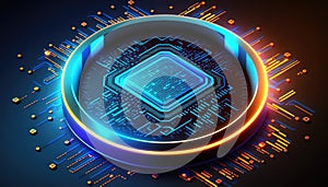 Futuristic modern new computer processor chip colorful neon glowing, CPU model of microprocessor
