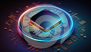 Futuristic modern new computer processor chip colorful neon glowing, CPU model of microprocessor