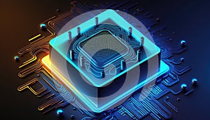 Futuristic modern new computer processor chip colorful neon glowing, CPU model of microprocessor