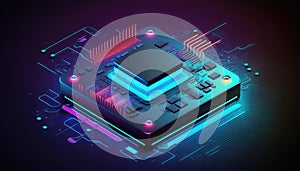 Futuristic modern new computer processor chip colorful neon glowing, CPU model of microprocessor