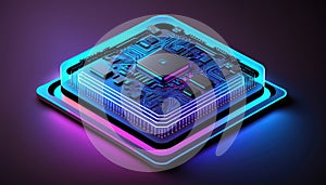 Futuristic modern new computer processor chip colorful neon glowing, CPU model of microprocessor