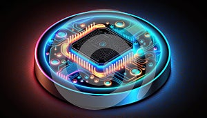 Futuristic modern new computer processor chip colorful neon glowing, CPU model of microprocessor