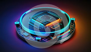 Futuristic modern new computer processor chip colorful neon glowing, CPU model of microprocessor
