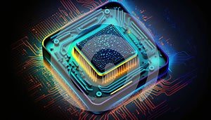 Futuristic modern new computer processor chip colorful neon glowing, CPU model of microprocessor