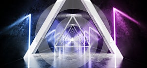 Futuristic Modern Sci-Fi Spaceship Concrete Long Corridor With White Strip Holes And Glowing Neon Blue Purple Tubes With