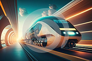futuristic modern train, monorail fast driving in sci fi tunnel, coridor. Concept of future
