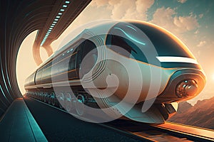 futuristic modern train, monorail fast driving in sci fi tunnel, coridor. Concept of future