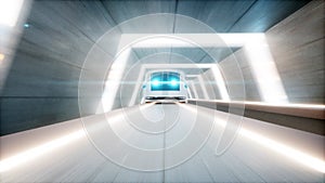 Futuristic modern train, monorail fast driving in sci fi tunnel, coridor. Concept of future. 3d rendering.