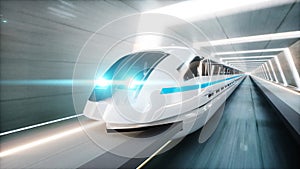 Futuristic modern train, monorail fast driving in sci fi tunnel, coridor. Concept of future. 3d rendering.