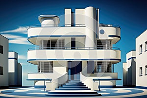 Futuristic Modern white blue building with a unique design with curved walls and large windows. The building is in a