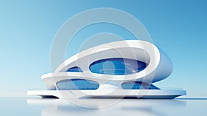 Futuristic Modern white blue building with unique design with curved walls and large windows. The building is in a