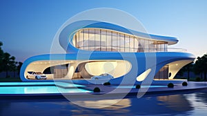 Futuristic Modern white blue building with a unique design with curved walls and large windows. Building is in a