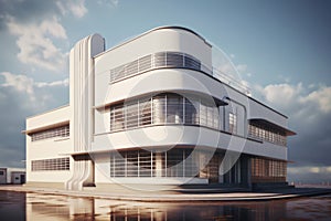 Futuristic Modern white building with a unique design with curved walls and large windows. The building is in a