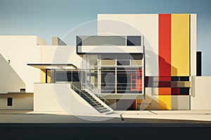 Futuristic Modern white red yellow building with a unique design with curved walls and large windows. The building is in