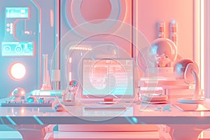 Futuristic modern workspace or study desk with computer geometry design. Minimal interior vibrant