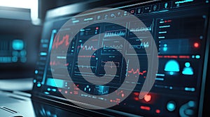 Futuristic monitor displaying data visualization dashboard and analytics