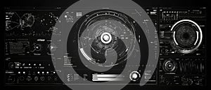 Futuristic Monochrome Digital Interface with Data Panels and Circular HUD Elements