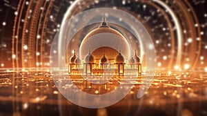 Futuristic mosque cityscape with glowing light blurred background. AI generated 3D image