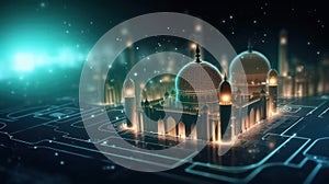 Futuristic mosque cityscape with glowing light blurred background. AI generated 3D image