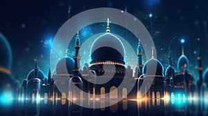 Futuristic mosque cityscape with glowing light blurred background. AI generated 3D image