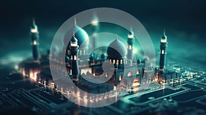 Futuristic mosque cityscape with glowing light blurred background. AI generated 3D image