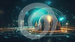 Futuristic mosque cityscape with glowing light blurred background. AI generated 3D image