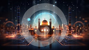 Futuristic mosque cityscape with glowing light blurred background. AI generated 3D image