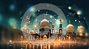 Futuristic mosque cityscape with glowing light blurred background. AI generated 3D image