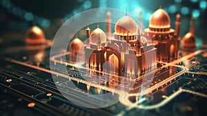 Futuristic mosque cityscape with glowing light blurred background. AI generated 3D image