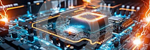 Futuristic motherboard glowing with energy and interconnected circuits