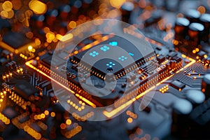 Futuristic motherboard with processor and glowing circuits illustrating high technology and computer science