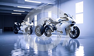 Futuristic motorbikes of new generation. Innovative vehicles indoors. Generative AI