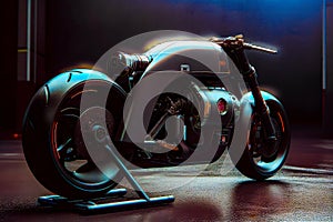 Futuristic motorcycle is parked in dark room with blue light behind it. Generative AI