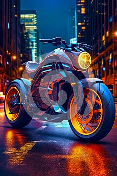 Futuristic motorcycle parked in the middle of city at night with bright lights. Generative AI