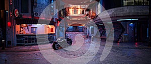 Futuristic motorcycle parked outside a fast food bar in a seedy cyberpunk street at night. Wide cinematic view 3D rendering