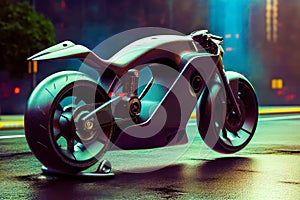 Futuristic motorcycle is parked in parking lot in the rain at night. Generative AI