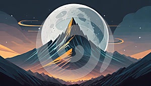 Futuristic Mountain Logo With Moon Circle