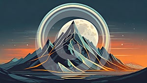 Futuristic Mountain Logo With Moon Circle