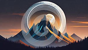 Futuristic Mountain Logo With Moon Circle