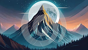 Futuristic Mountain Logo With Moon Circle