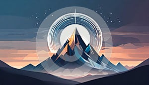 Futuristic Mountain Logo With Moon Circle