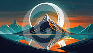 Futuristic Mountain Logo With Moon Circle